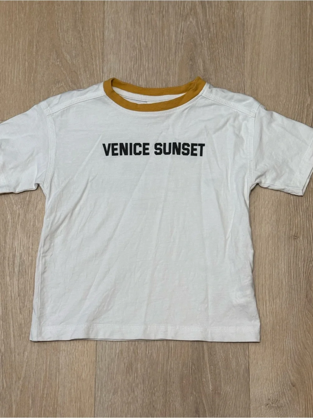 Zara White Tee with Mustard Neckline - 'Venice Sunset' Print
